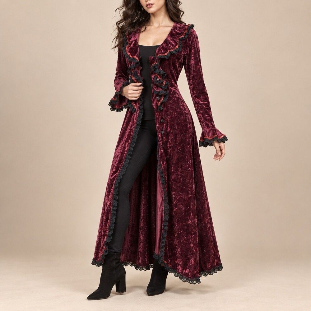 S/M  Velvet Pirate Whimsigoth Witchy Duster Coat Black Red Ruffle Vamp Costume